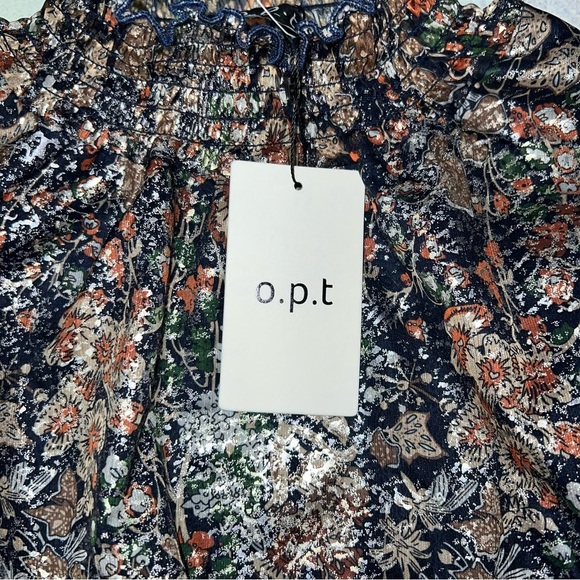 O.P.T Floral Metallic Smock Neck Fit&Flare Long Sleeve Mini Dress Navy Boho XS - Picture 8 of 9